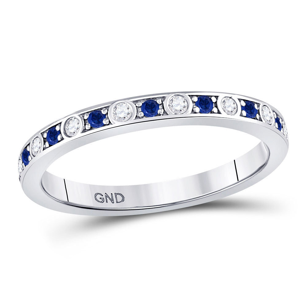 10kt White Gold Womens Round Blue Sapphire Diamond Alternating Stackable Band Ring 1/4 Cttw