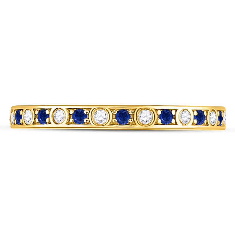 10kt Yellow Gold Womens Round Blue Sapphire Diamond Alternating Stackable Band Ring 1/4 Cttw