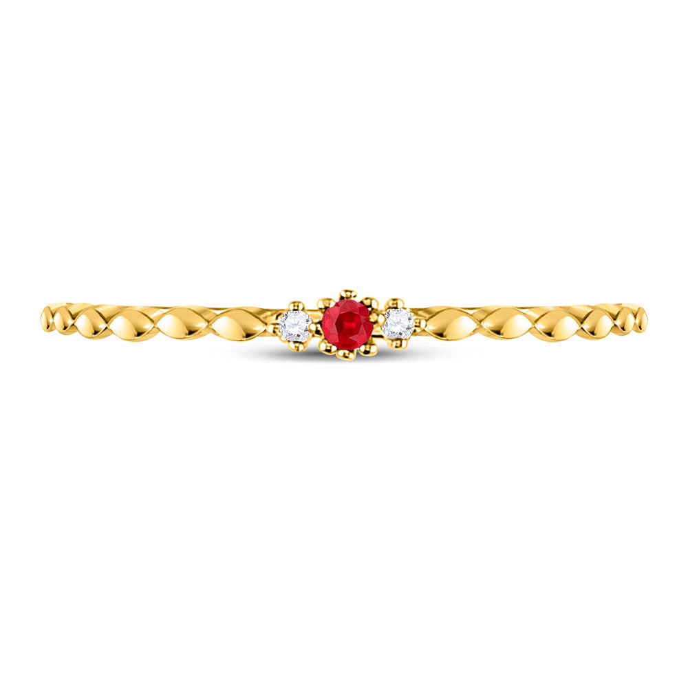 10kt Yellow Gold Womens Round Ruby Diamond Stackable Band Ring .03 Cttw