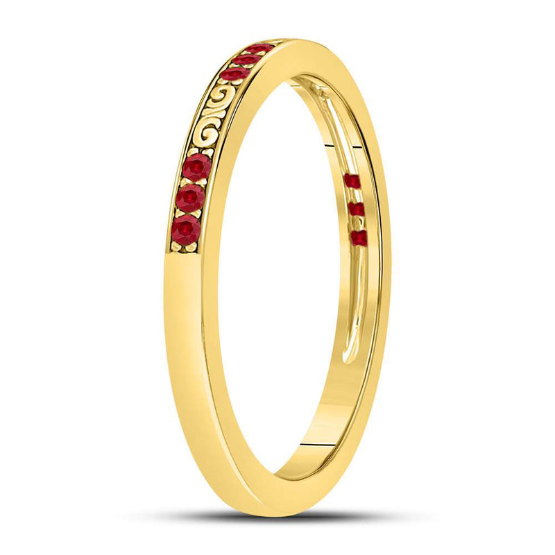 10kt Yellow Gold Womens Round Ruby Single Row Flourished Stackable Band Ring 1/8 Cttw