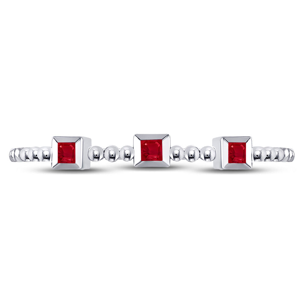 10kt White Gold Womens Princess Ruby 3-Stone Beaded Stackable Band Ring 1/20 Cttw