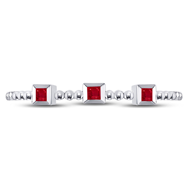 10kt White Gold Womens Princess Ruby 3-Stone Beaded Stackable Band Ring 1/20 Cttw