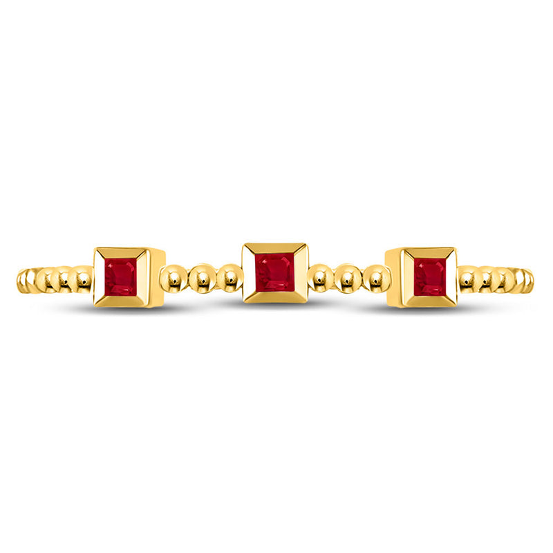 10kt Yellow Gold Womens Princess Ruby 3-Stone Beaded Stackable Band Ring 1/20 Cttw