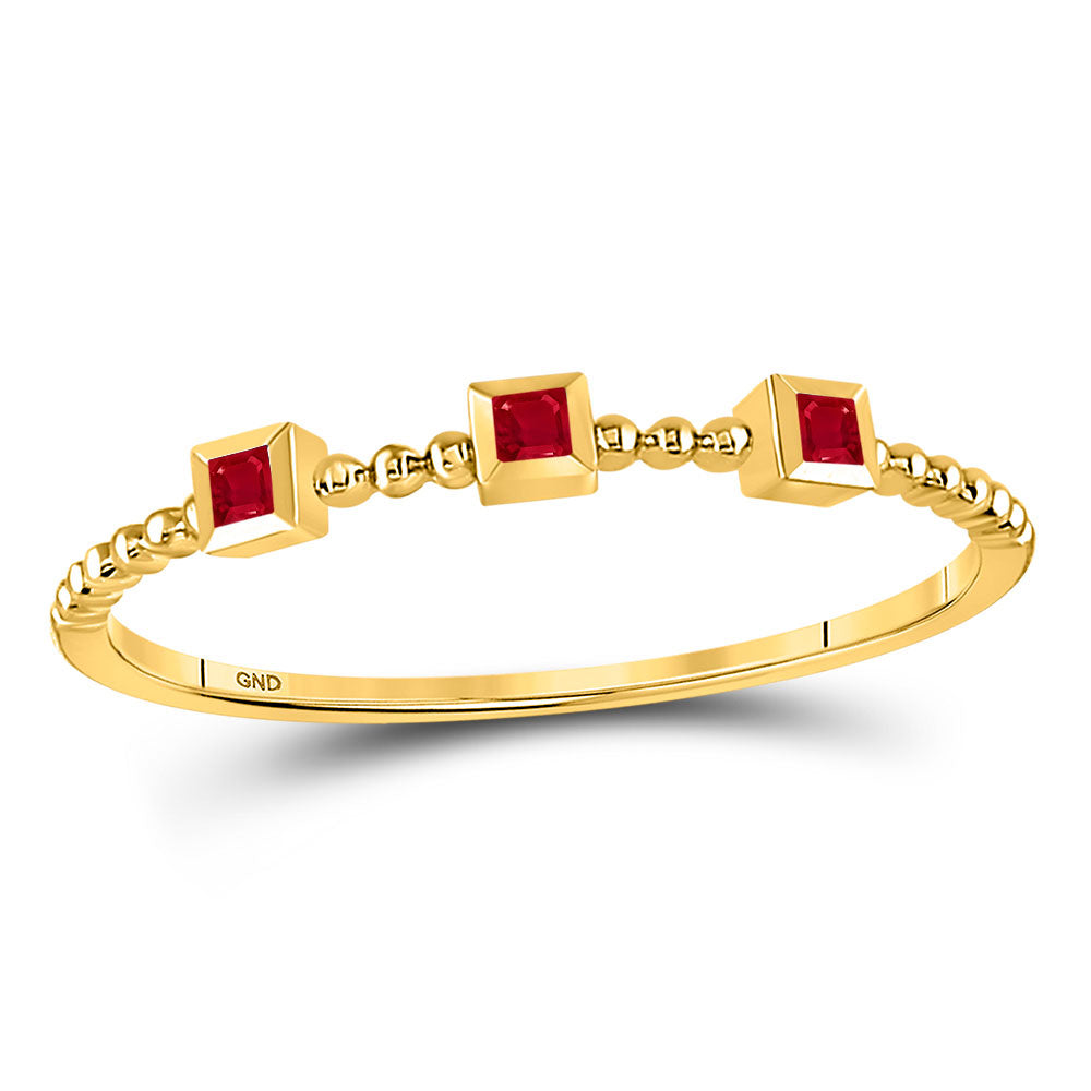 10kt Yellow Gold Womens Princess Ruby 3-Stone Beaded Stackable Band Ring 1/20 Cttw