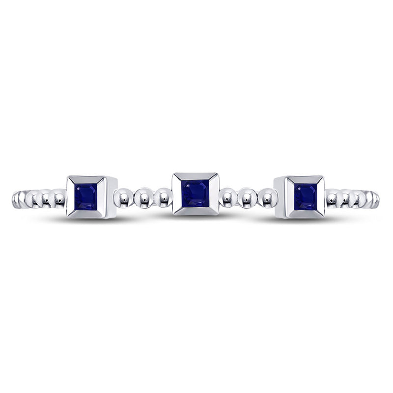 10kt White Gold Womens Princess Blue Sapphire 3-Stone Beaded Stackable Band Ring 1/20 Cttw