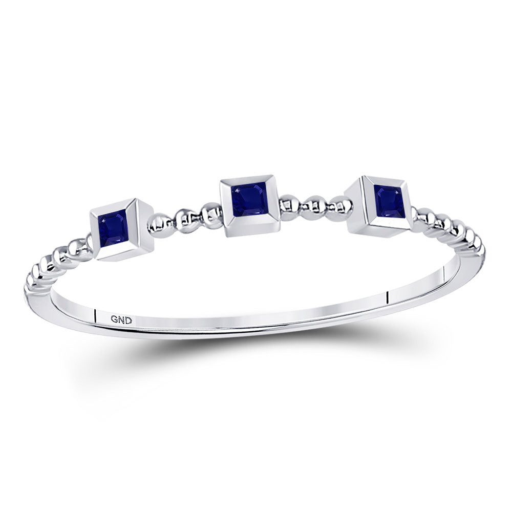 10kt White Gold Womens Princess Blue Sapphire 3-Stone Beaded Stackable Band Ring 1/20 Cttw