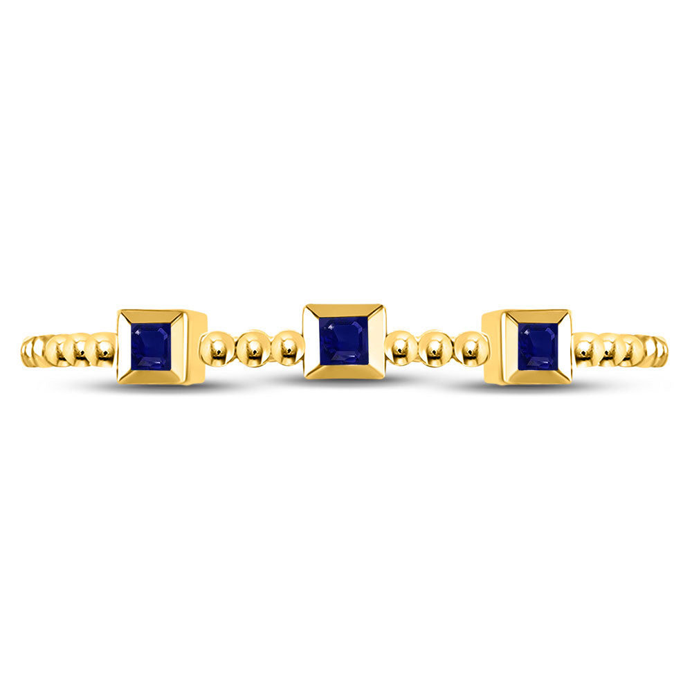 10kt Yellow Gold Womens Princess Blue Sapphire 3-Stone Beaded Stackable Band Ring 1/20 Cttw