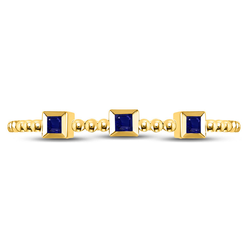 10kt Yellow Gold Womens Princess Blue Sapphire 3-Stone Beaded Stackable Band Ring 1/20 Cttw