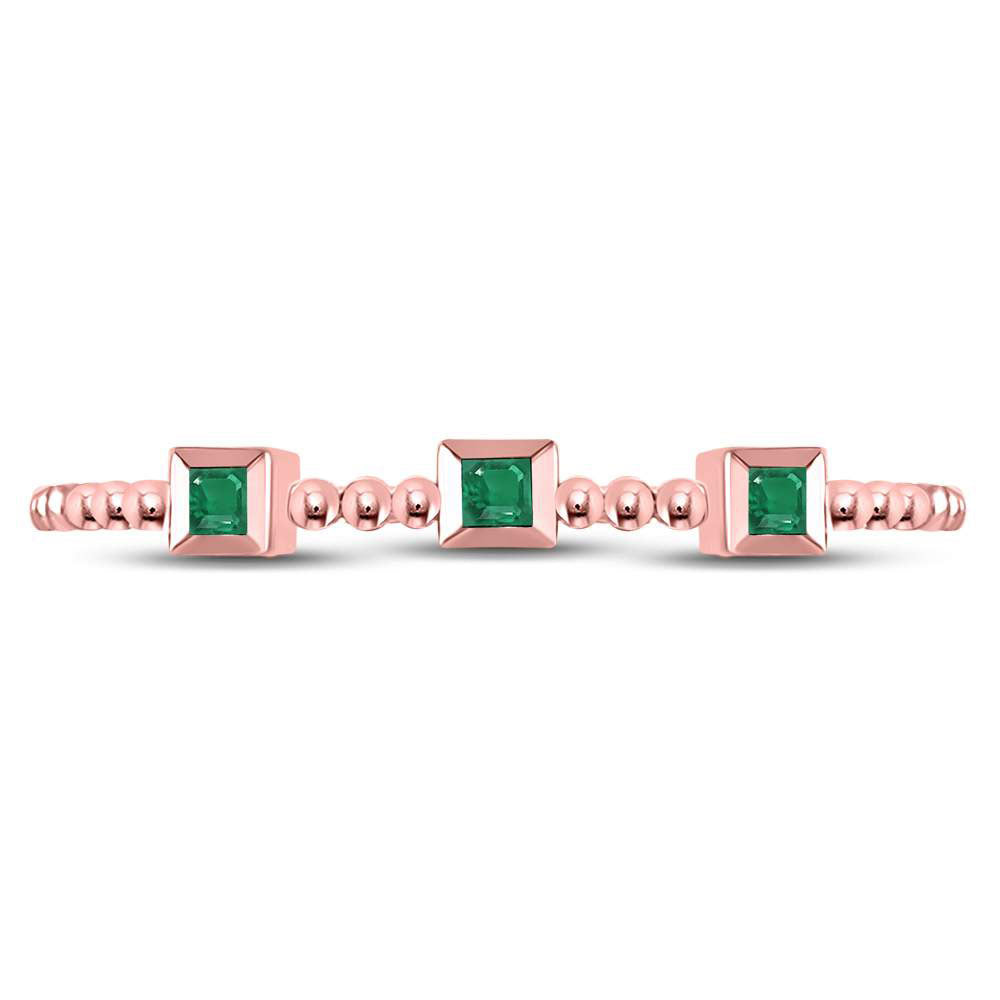 10kt Rose Gold Womens Princess Emerald Beaded 3-stone Stackable Band Ring .03 Cttw