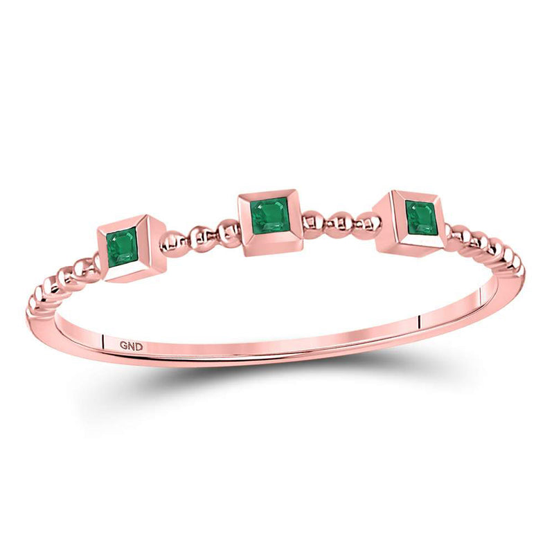 10kt Rose Gold Womens Princess Emerald Beaded 3-stone Stackable Band Ring .03 Cttw