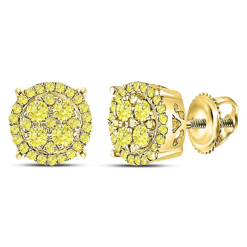 10kt Yellow Gold Womens Round Canary Diamond Concentric Cluster Stud Earrings 3/4 Cttw