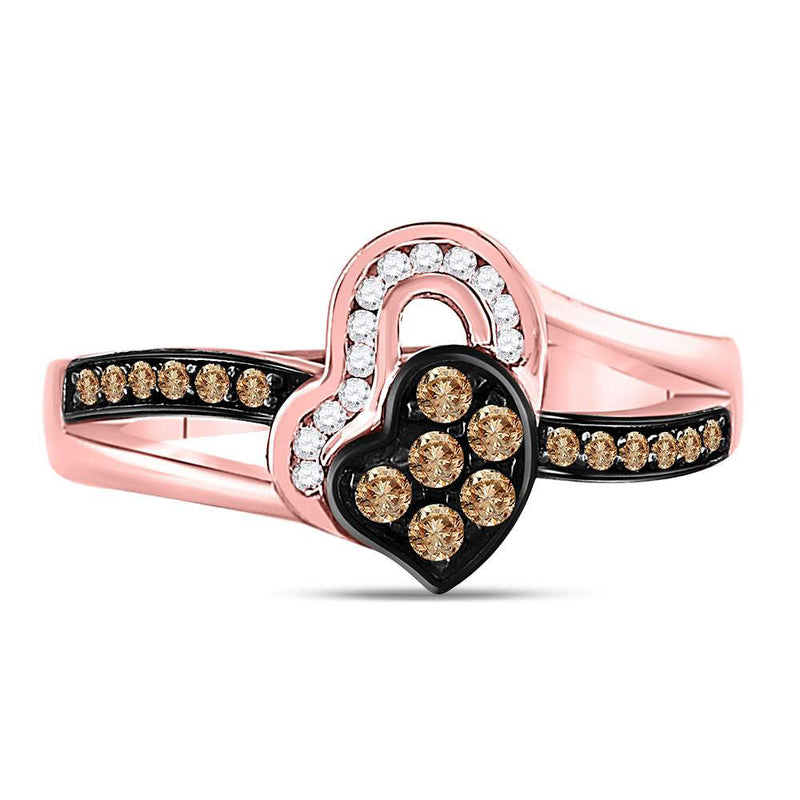 10kt Rose Gold Womens Round Brown Diamond Heart Ring 1/3 Cttw