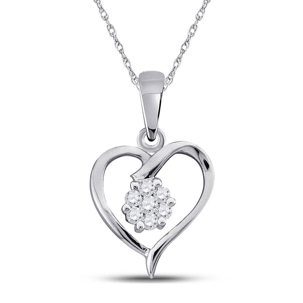 10kt White Gold Womens Round Diamond Flower Cluster Heart Pendant 1/12 Cttw