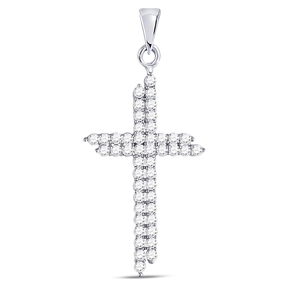 10kt White Gold Womens Round Diamond Asymmetric Cross Pendant 1/2 Cttw