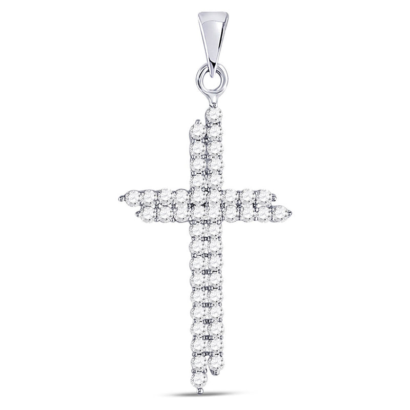 10kt White Gold Womens Round Diamond Asymmetric Cross Pendant 1/2 Cttw