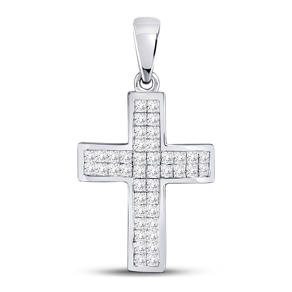 10kt White Gold Womens Princess Diamond Religious Cross Pendant 1/2 Cttw