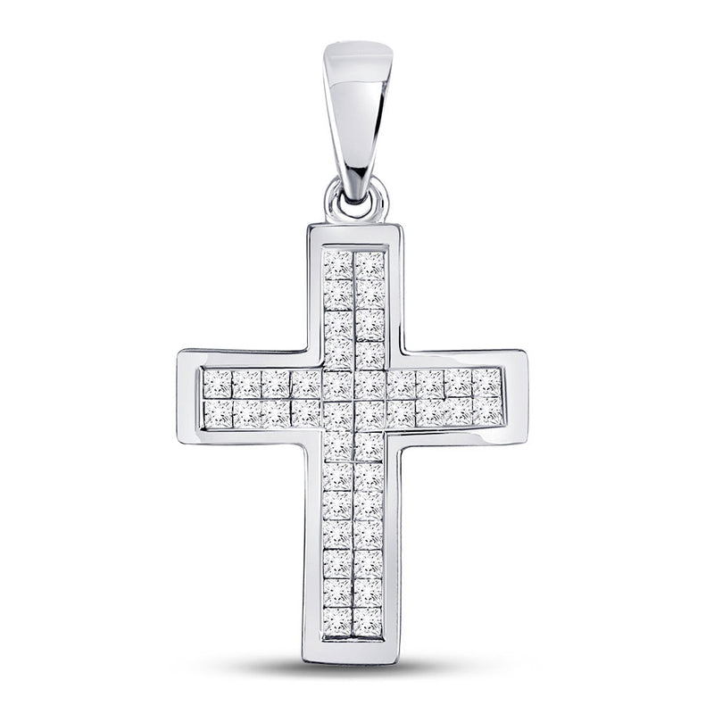 10kt White Gold Womens Round Diamond Cross Pendant 1 Cttw