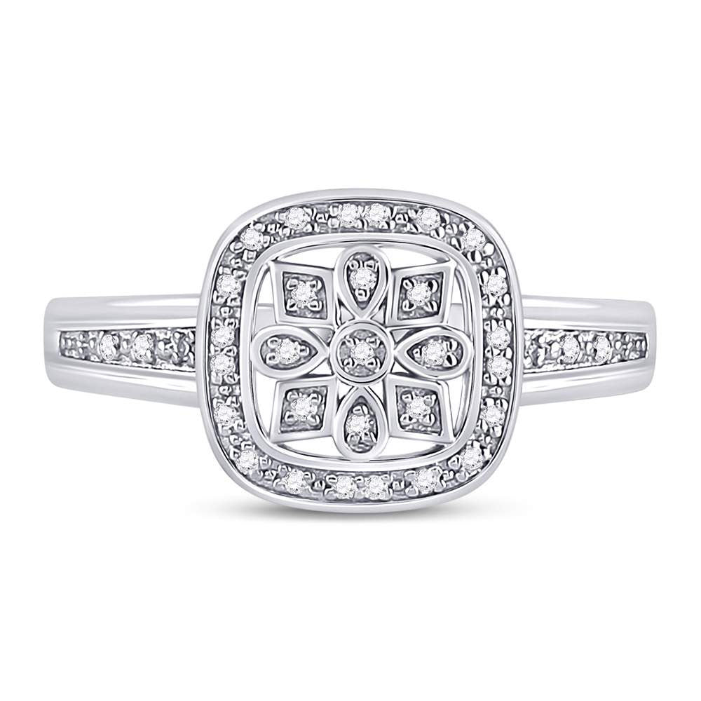 Sterling Silver Womens Round Diamond Square Frame Starburst Ring 1/10 Cttw