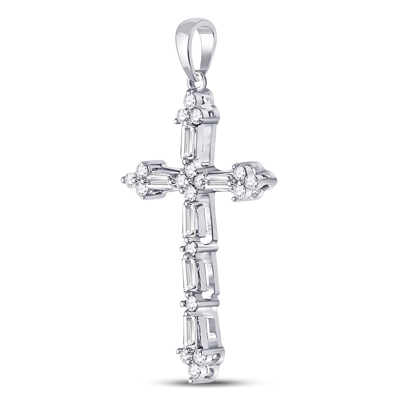 10kt White Gold Womens Round Baguette Diamond Cross Pendant 1/2 Cttw