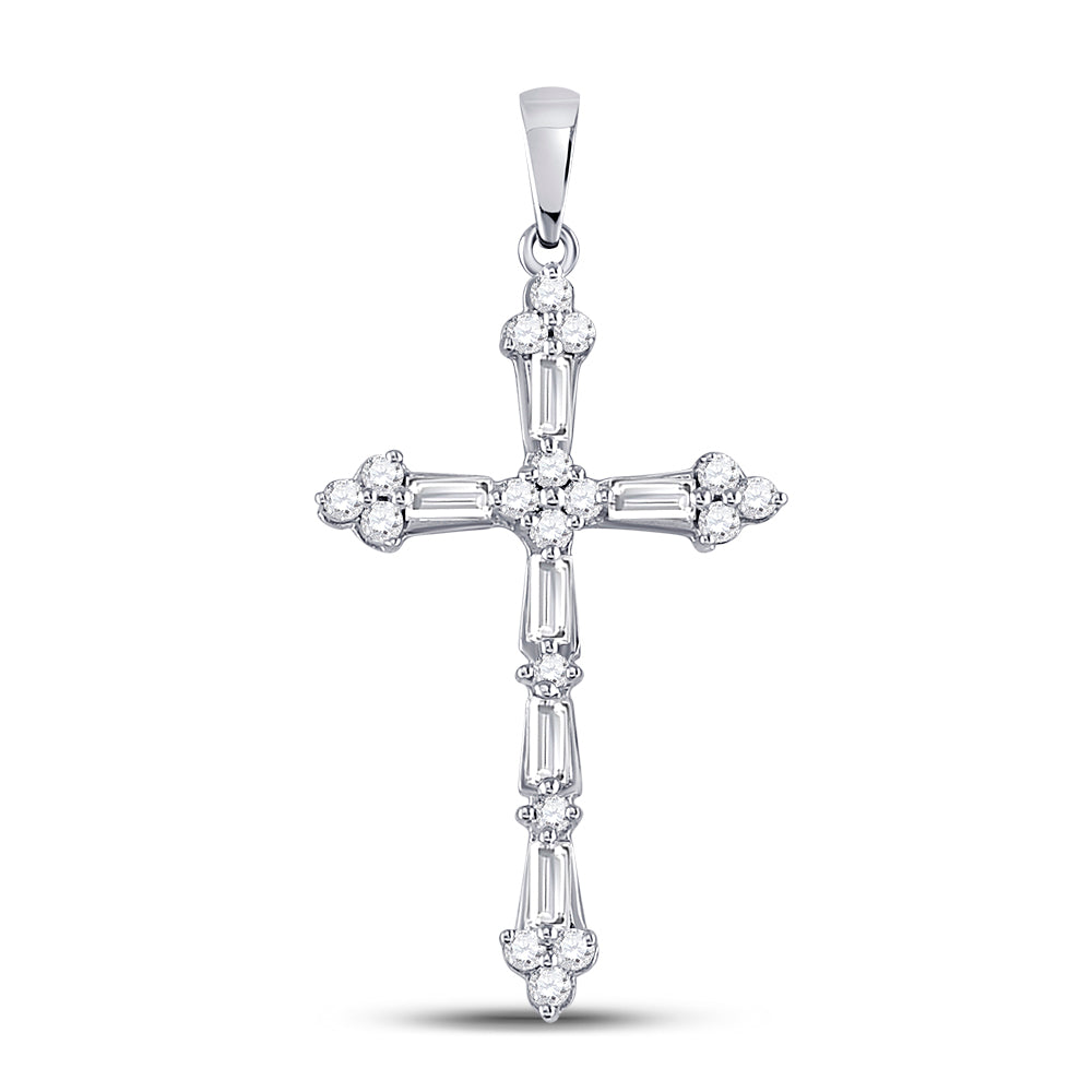 10kt White Gold Womens Round Baguette Diamond Cross Pendant 1/2 Cttw