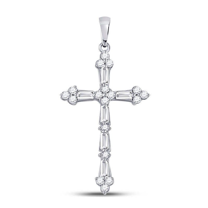 10kt White Gold Womens Round Baguette Diamond Cross Pendant 1/2 Cttw