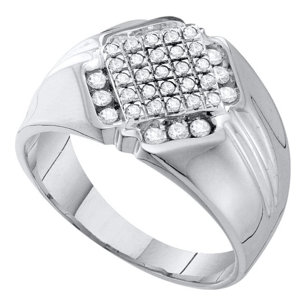 10kt White Gold Mens Round Diamond Diagonal Square Cluster Ring 1/2 Cttw