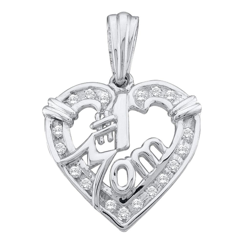 10kt White Gold Womens Round Diamond #1 Mom Mother Heart Pendant 1/6 Cttw