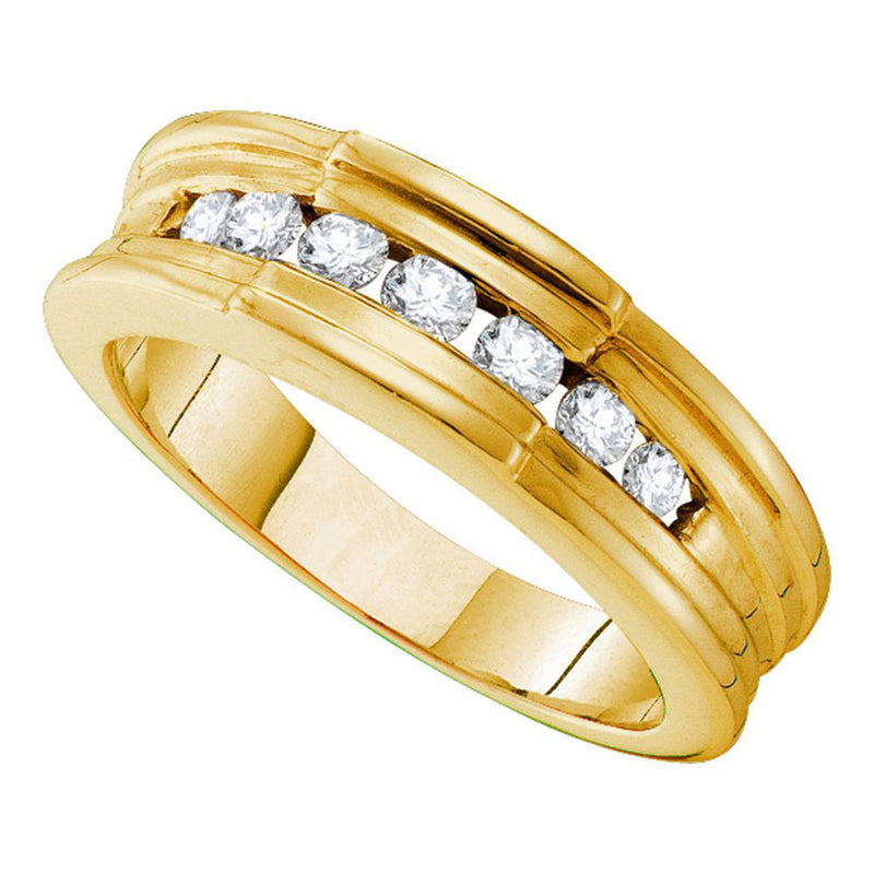 14kt Yellow Gold Mens Round Channel-set Diamond Ridged Edges Wedding Band 1/2 Cttw