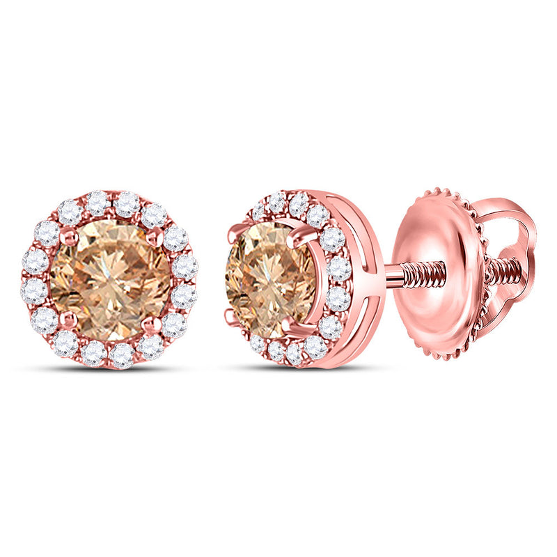 14kt Rose Gold Womens Round Brown Diamond Stud Earrings 1 Cttw