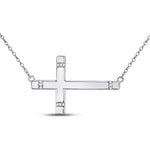 Sterling Silver Womens Round Diamond Horizontal Cross Necklace 1/20 Cttw