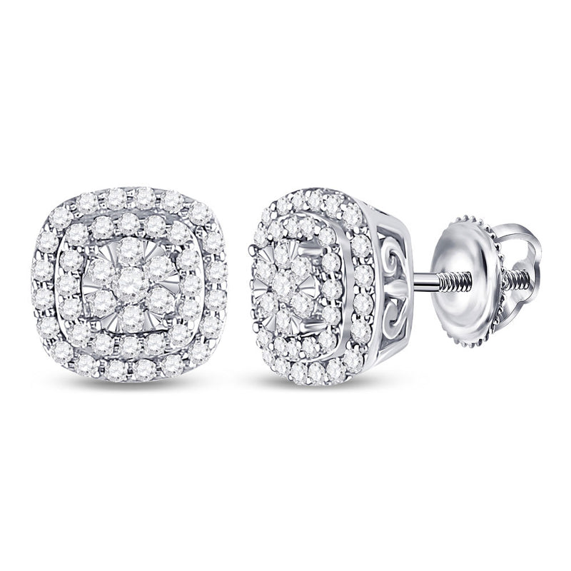 14kt White Gold Womens Round Diamond Cushion Halo Cluster Earrings 1/2 Cttw