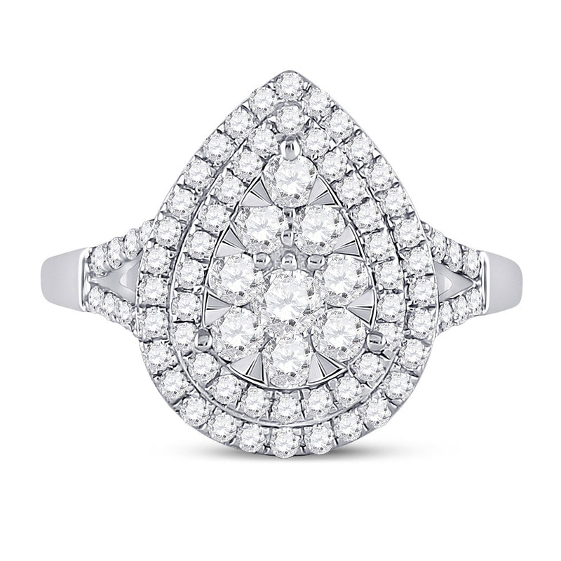 14kt White Gold Womens Round Diamond Fashion Pear Cluster Ring 1 Cttw