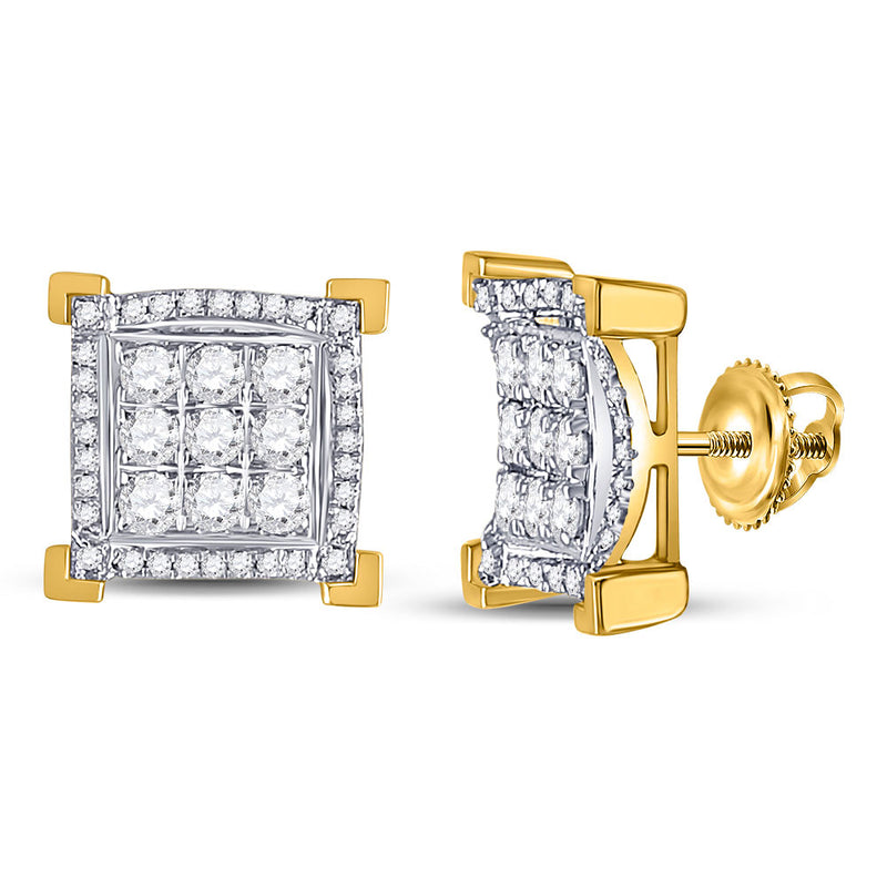 14kt Yellow Gold Mens Round Diamond Squared Cluster Earrings 1 Cttw