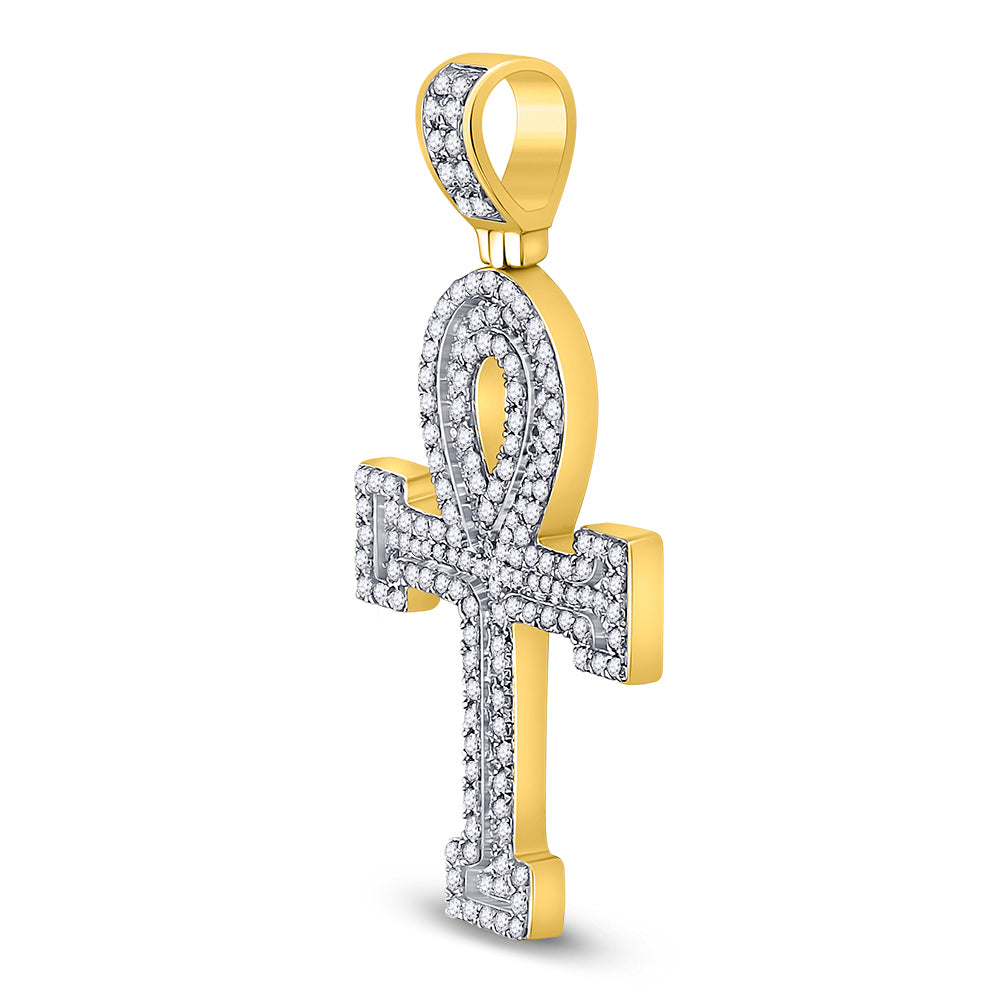 14kt Yellow Gold Mens Round Diamond Ankh Cross Charm Pendant 1-5/8 Cttw