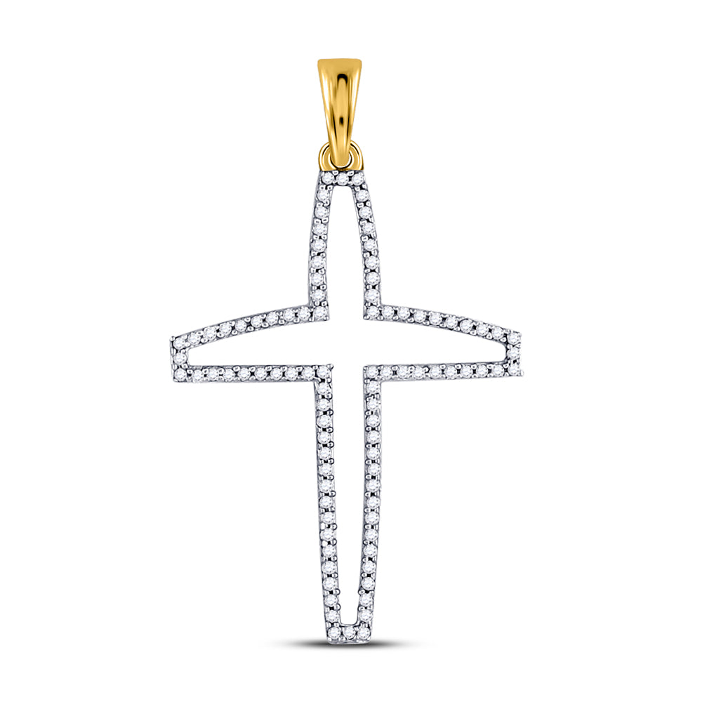 10kt Yellow Gold Mens Round Diamond Cross Outline Charm Pendant 1/4 Cttw