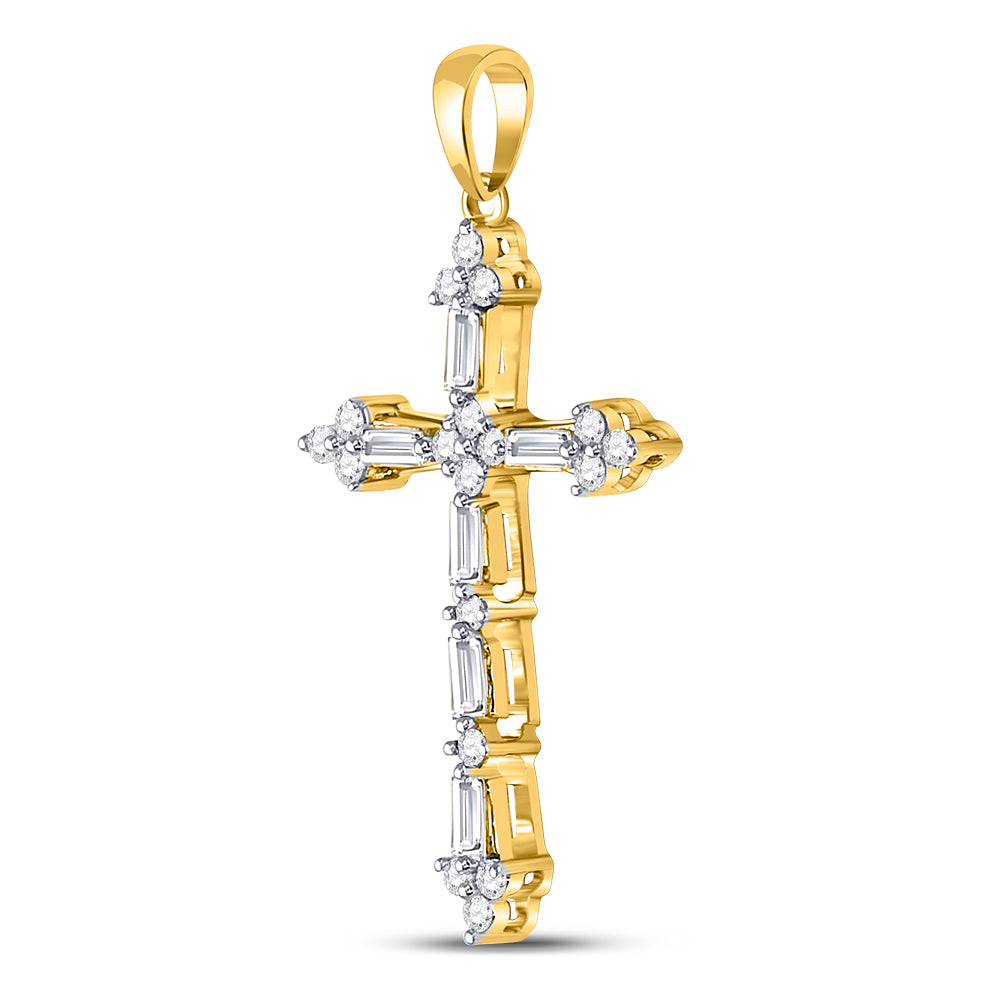 10kt Yellow Gold Womens Round Baguette Diamond Cross Pendant 1/2 Cttw