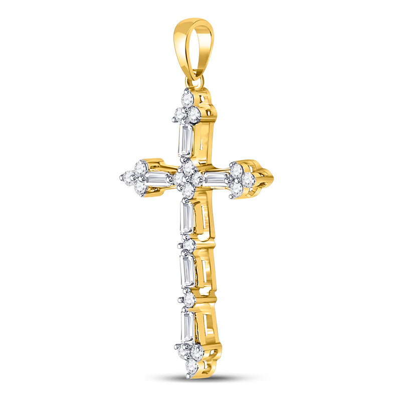 10kt Yellow Gold Womens Round Baguette Diamond Cross Pendant 1/2 Cttw