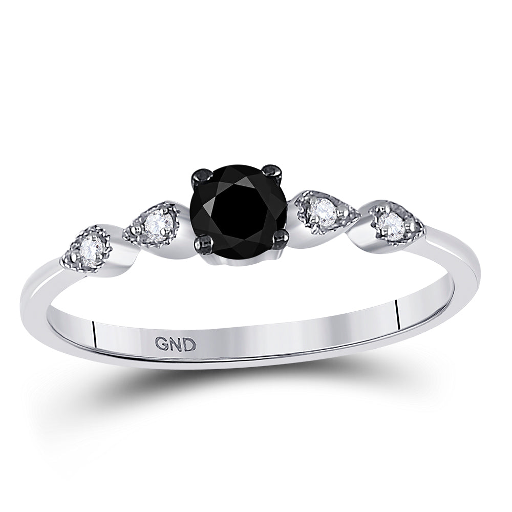 10kt White Gold Round Black Color Enhanced Diamond Solitaire Bridal Wedding Ring 1/3 Cttw