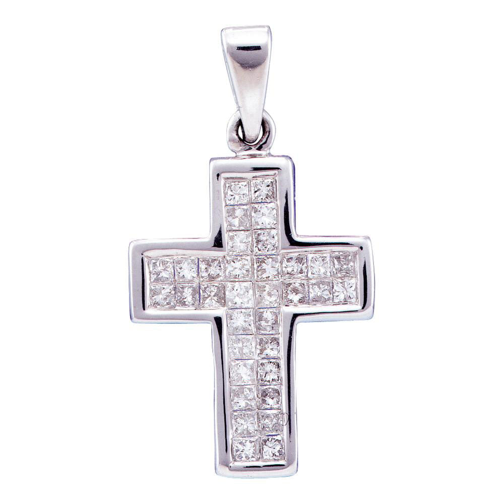 14kt White Gold Womens Princess Diamond Cross Pendant 1/2 Cttw