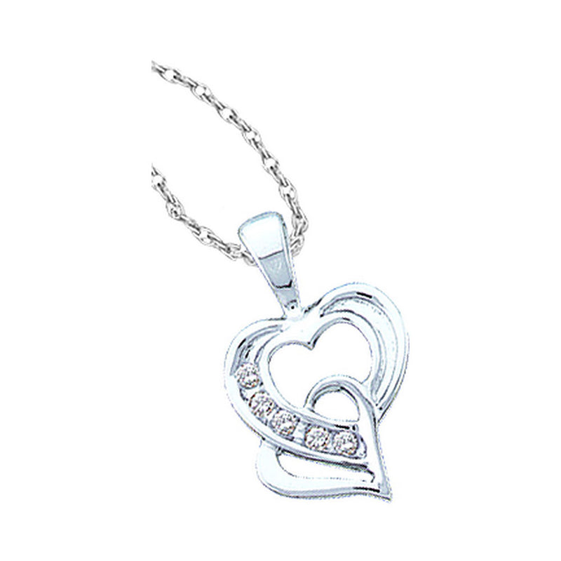 10kt White Gold Womens Round Diamond Double Heart Pendant 1/20 Cttw