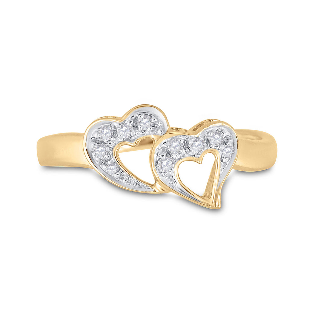 10kt Yellow Gold Womens Round Diamond Double Heart Ring 1/20 Cttw