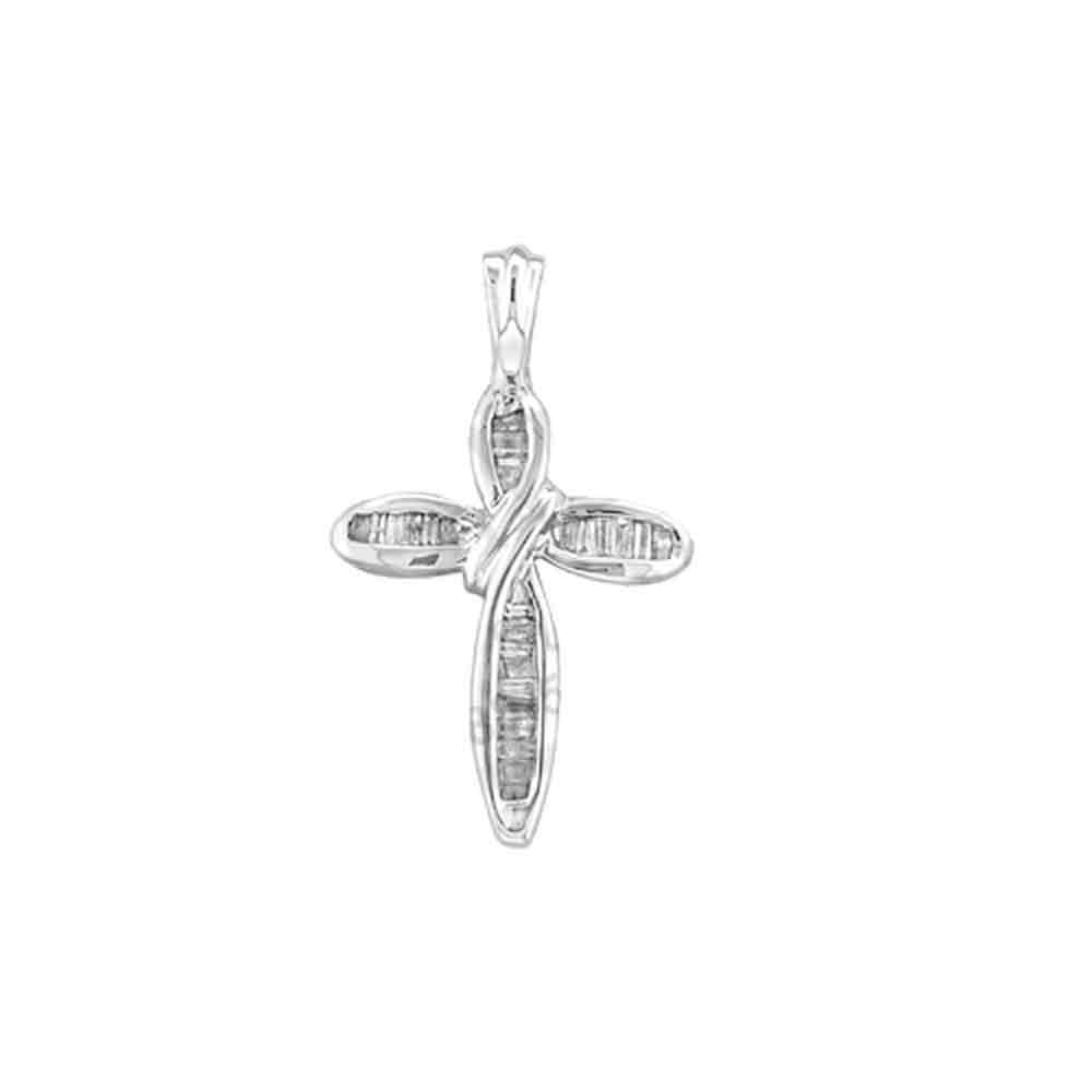 10kt White Gold Womens Baguette Diamond Cross Religious Pendant 1/4 Cttw