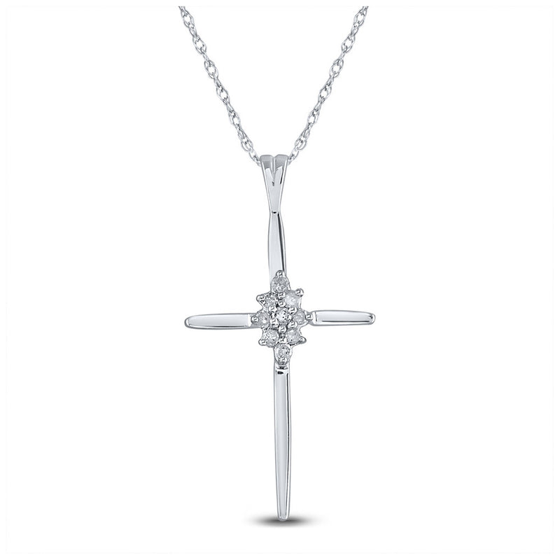 10k White Gold Womens Round Diamond Cluster Cross Pendant 1/12 Cttw