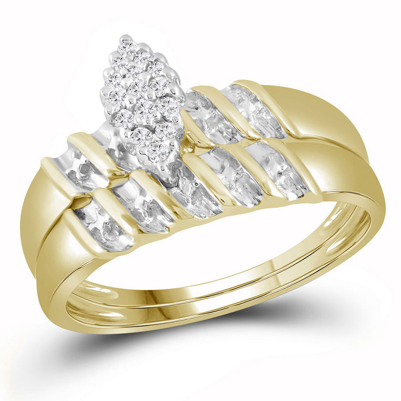 10k Yellow Gold Diamond Marquise-shape Cluster Bridal Wedding Trio Mens Womens Ring Band Set