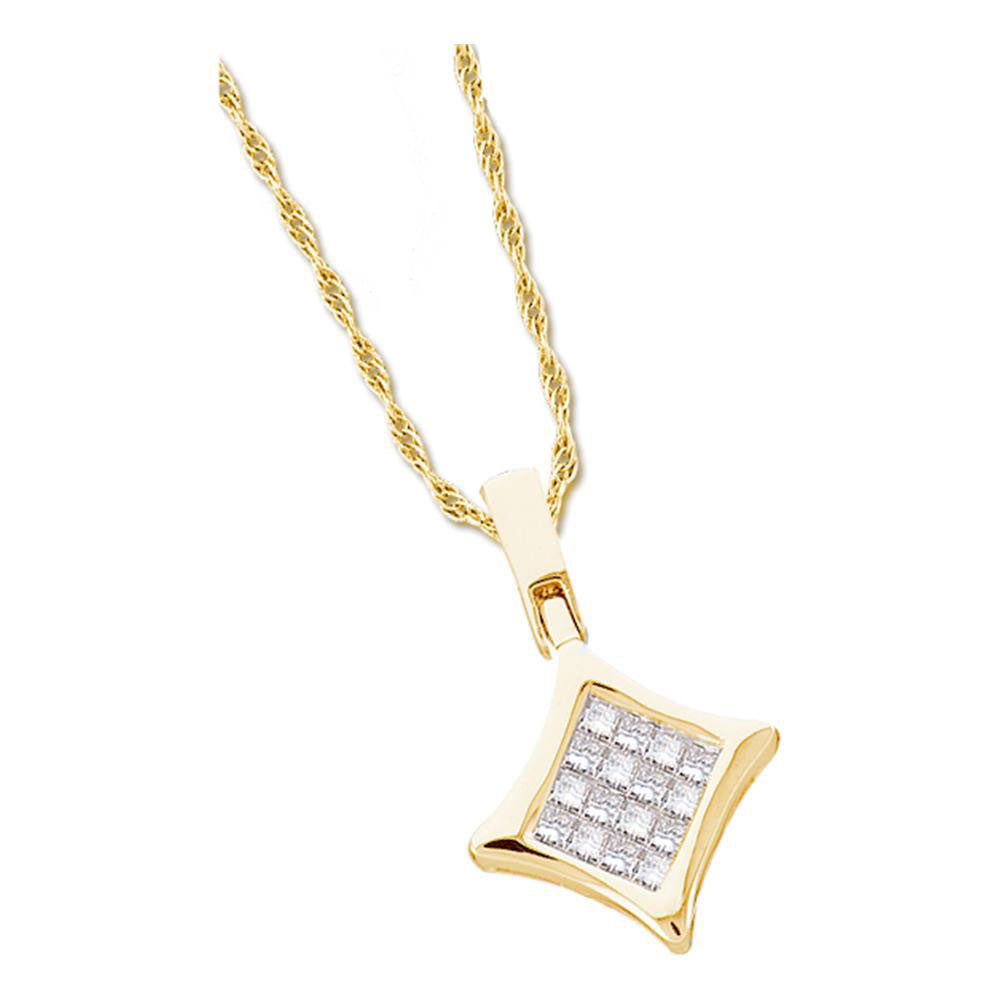 14kt Yellow Gold Womens Princess Diamond Diagonal Square Cluster Pendant 1/4 Cttw