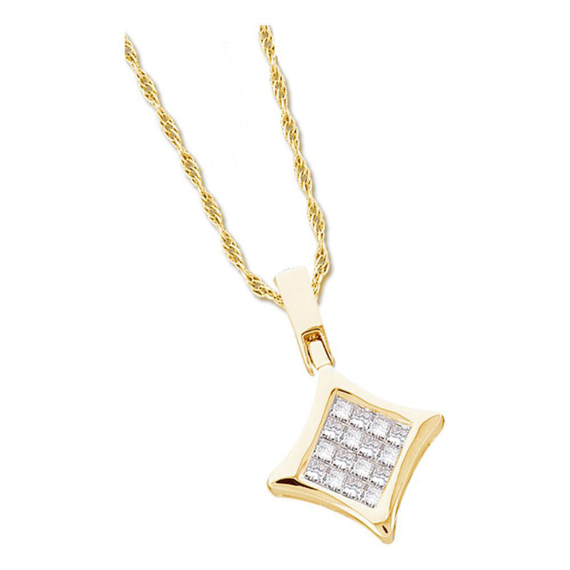 14kt Yellow Gold Womens Princess Diamond Diagonal Square Cluster Pendant 1/4 Cttw