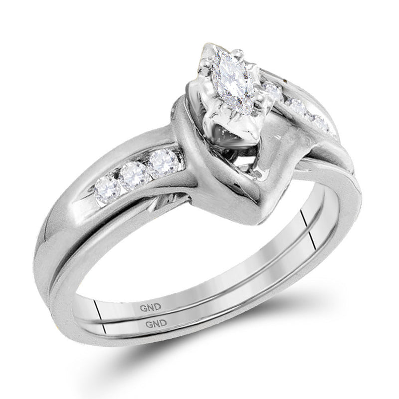 10k White Gold Marquise Diamond Solitaire Classic Wedding Bridal Set 1/4 Cttw