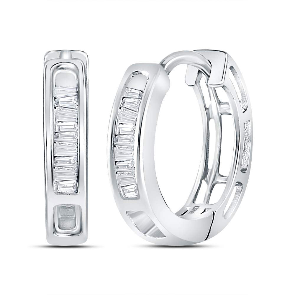 14kt White Gold Womens Baguette Diamond Huggie Hoop Earrings 1/6 Cttw