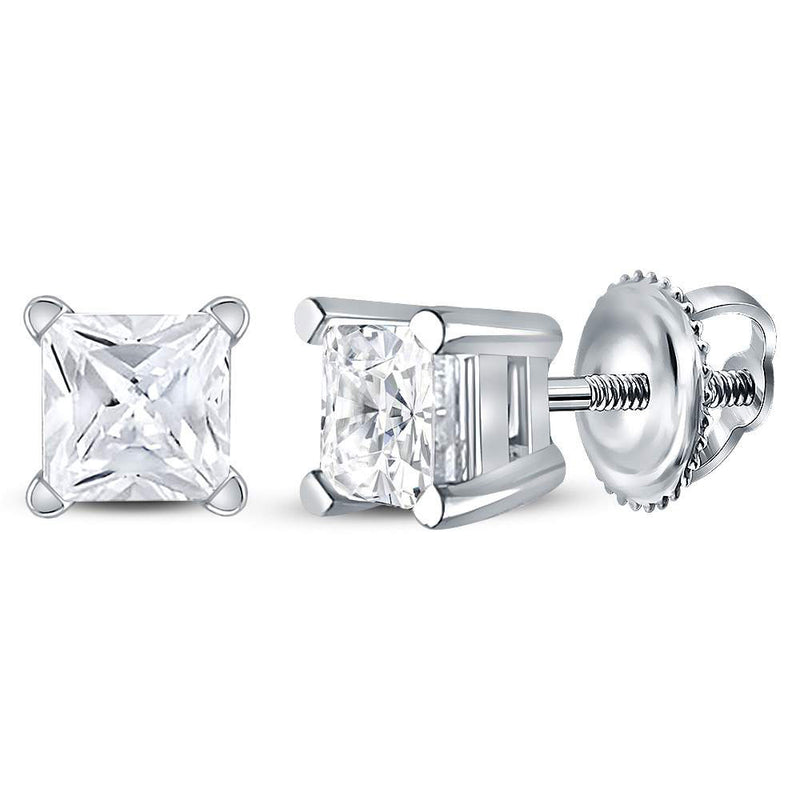 14kt White Gold Unisex Princess Diamond Solitaire Stud Earrings 7/8 Cttw