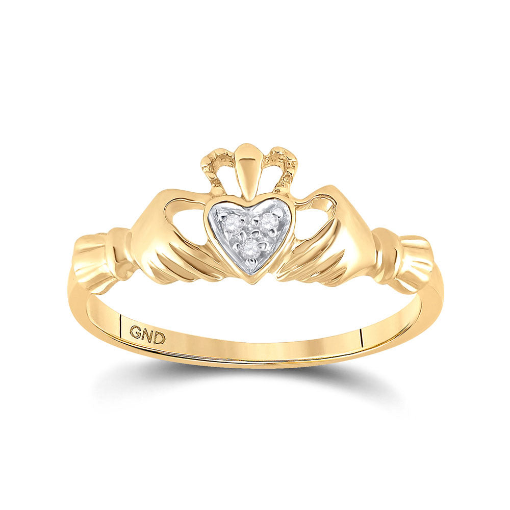 10kt Yellow Gold Womens Round Diamond Claddagh Heart Ring .02 Cttw